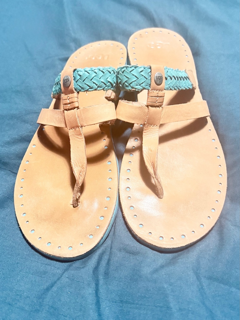 UGG Tan Leather Thong Sandals with Teal Braided Strap